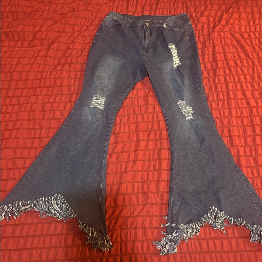 Source Unknown Dark Blue Distressed Flare Jeans with Frayed Hem Detail